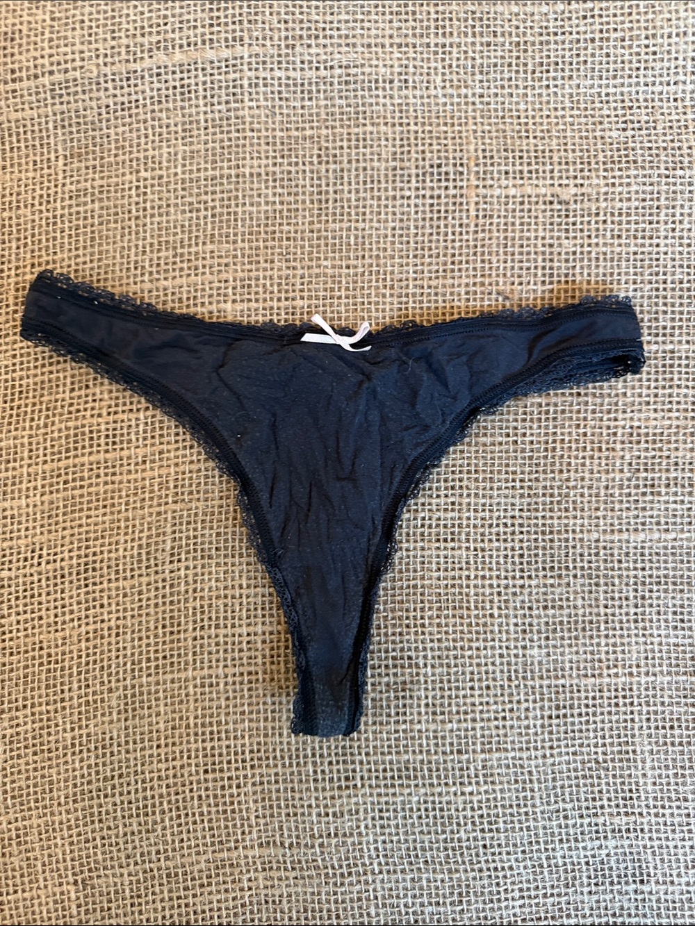 Victoria's Secret Black Lace-Trim Thong with White Bow